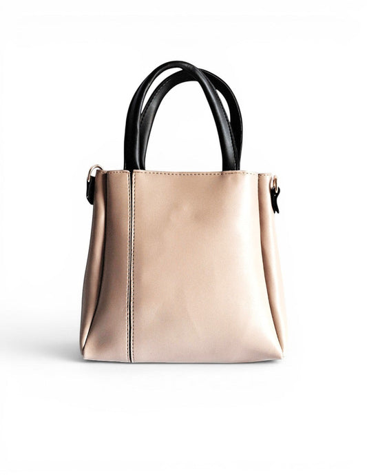 ms ADAM beige & black faux leather top handle bag with zip closure and detachable strap.