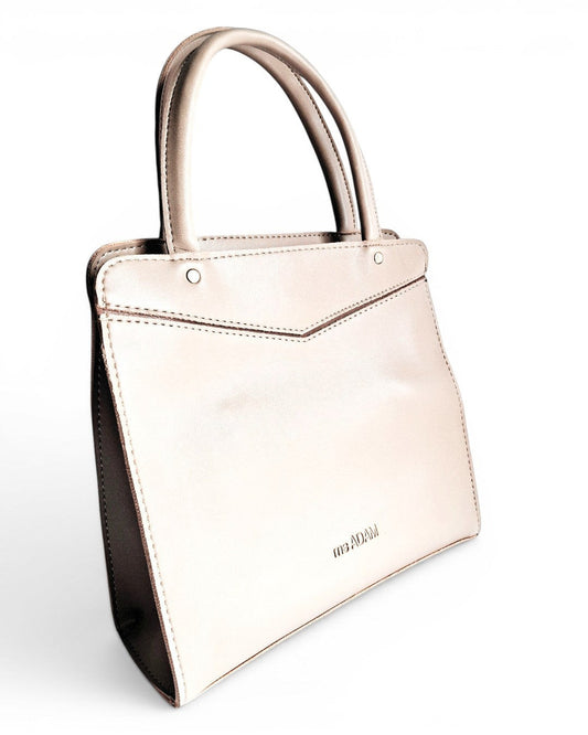 ms ADAM beige faux leather top handle bag with zip closure and detachable strap. One main compartment.