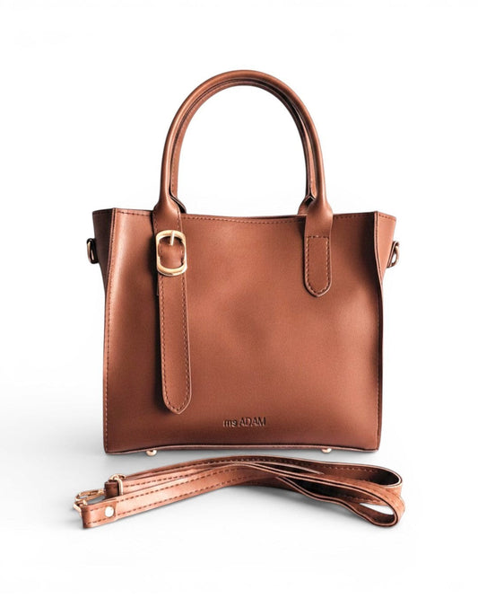 Ms. Adam brown faux leather top-handle bag with gold buckle detail and detachable shoulder strap.
