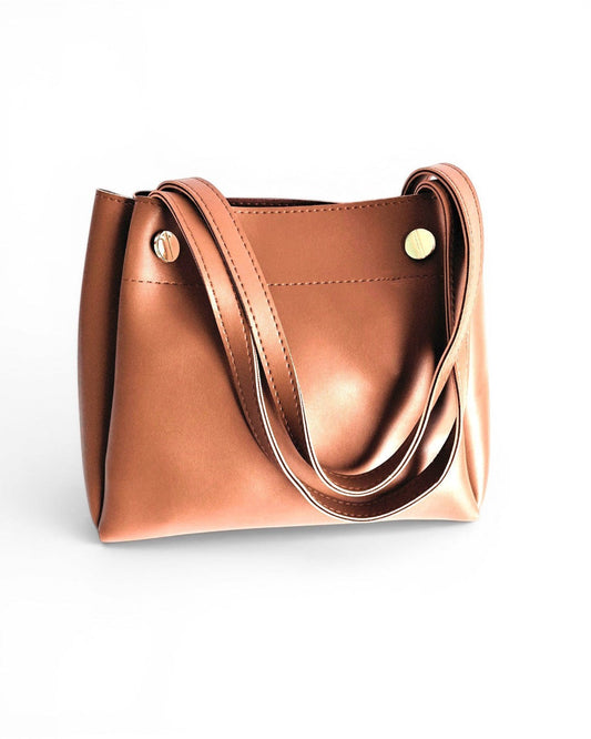 ms ADAM brown faux leather tote bag with fixed shoulder straps and zip closure.
