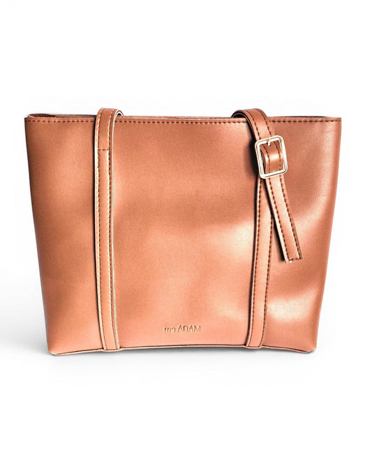 ms ADAM brown faux leather tote bag with shoulder straps and zip closure. Unadorned texture.