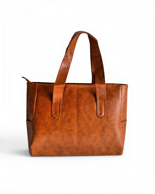 ms ADAM brown PU leather tote bag with shoulder straps and zip closure, featuring a self-print texture.