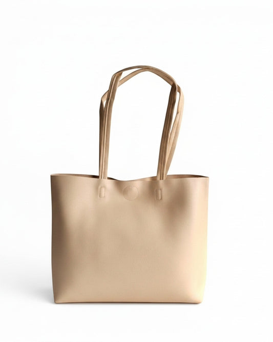 ms ADAM minimalist beige faux leather tote bag with cream straps and magnetic snap closure.