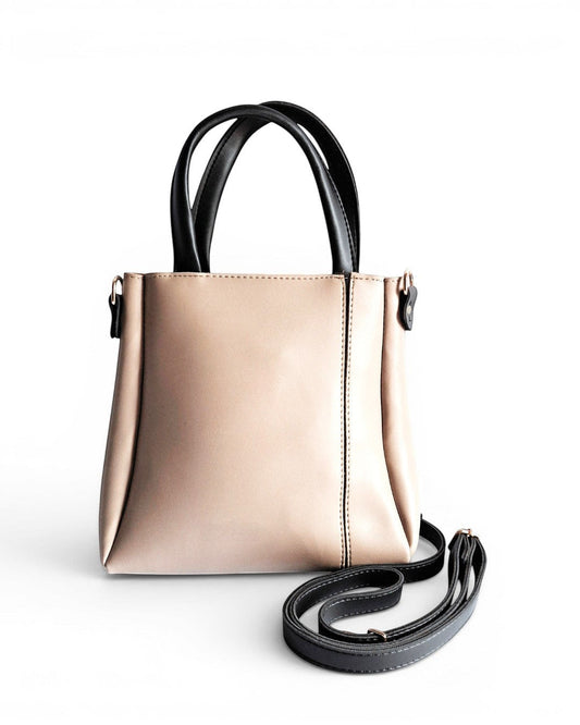 ms ADAM beige and black faux leather top handle bag with zip closure and detachable shoulder strap.