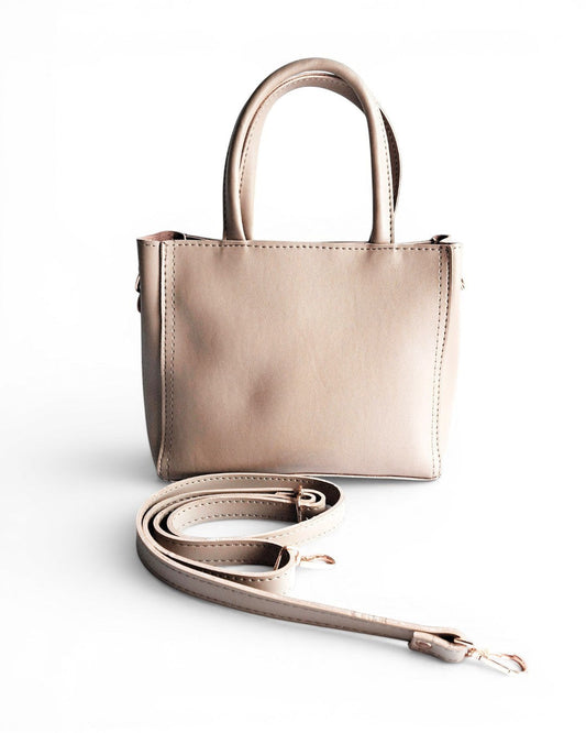 ms ADAM beige faux leather top handle bag with two compartments and detachable shoulder strap.