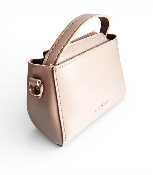 ms ADAM beige faux leather top handle bag with zip closure and detachable strap.