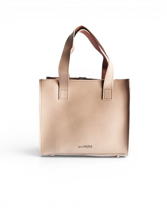 ms ADAM beige faux leather tote bag with two compartments and zip closure. Features handheld and shoulder straps.