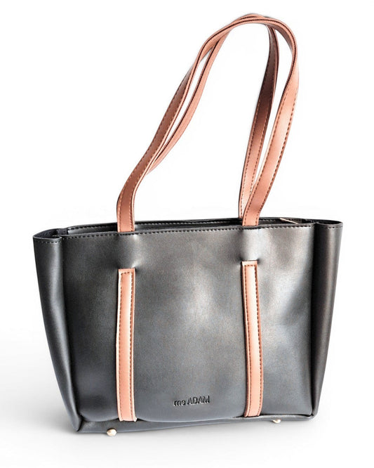 ms ADAM black and brown faux leather tote bag with shoulder straps and zip closure.