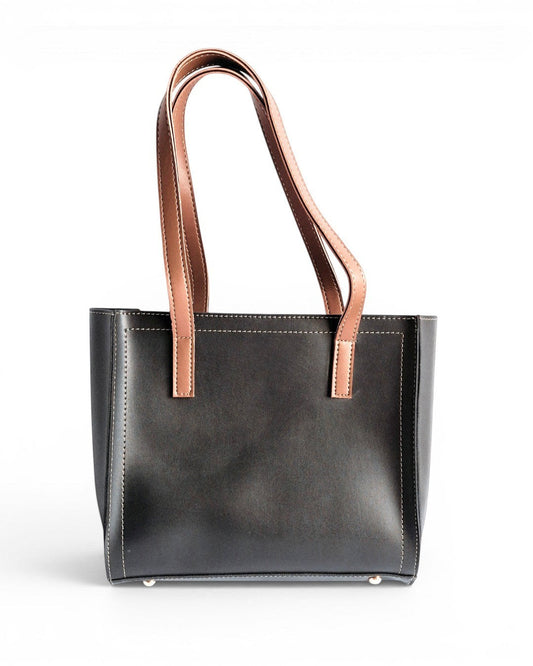 ms ADAM black faux leather tote bag with brown shoulder straps and zip closure.