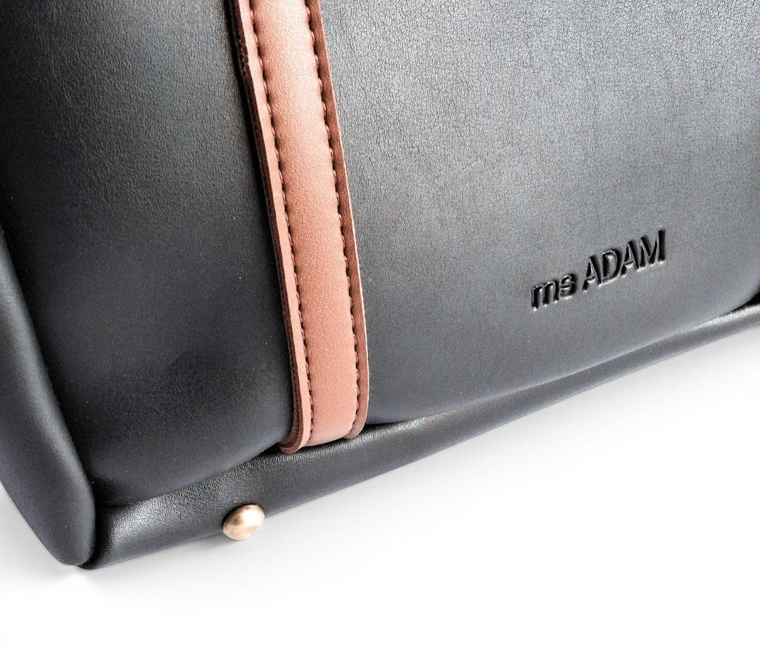 ms ADAM black and brown faux leather tote bag with shoulder straps and zip closure.