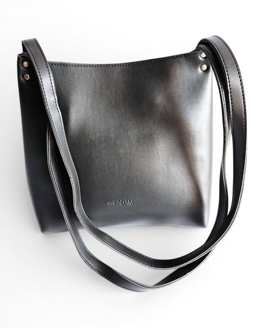 ms ADAM black faux leather bucket shoulder bag with zip closure and fixed straps.