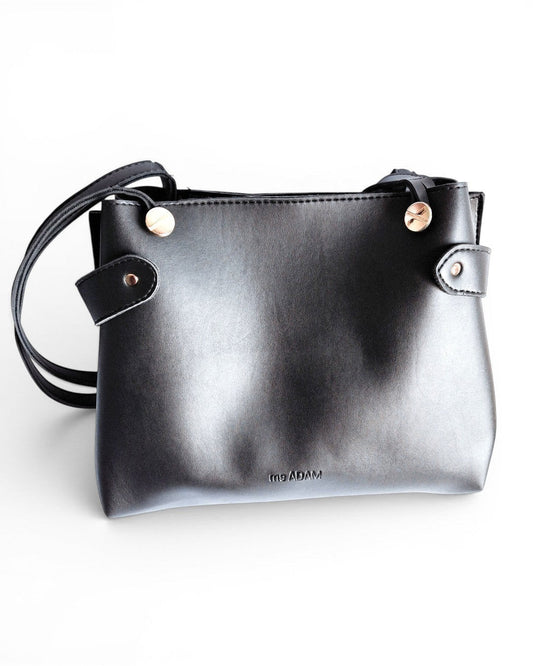 ms ADAM The Blow black faux leather tote bag with fixed shoulder straps and zip closure.
