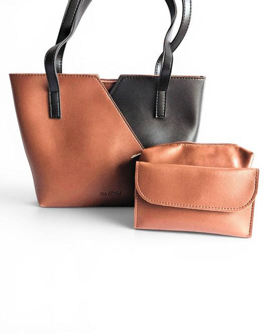 ms ADAM brown and black faux leather tote bag with shoulder straps and zip closure, includes matching pouch and wallet.