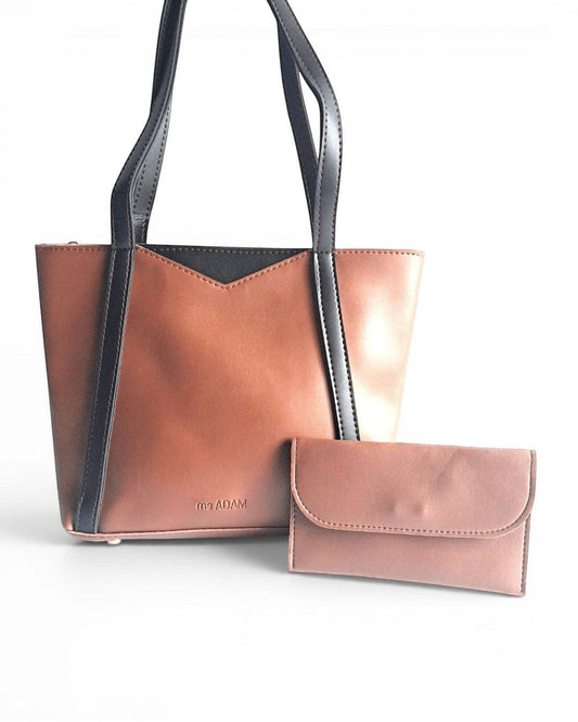 ms ADAM brown and black faux leather tote bag with shoulder straps and zip closure, includes matching wallet.