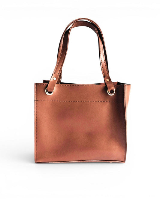 ms ADAM brown faux leather top handle bag with two compartments and zip closure. Detachable strap for shoulder or handheld carry.