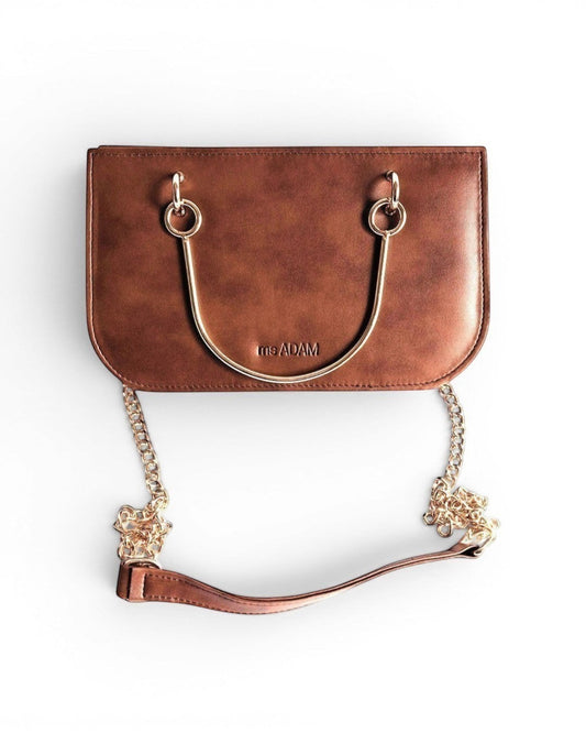 ms ADAM Urban Ease brown faux leather top handle bag with gold hardware and detachable chain strap.