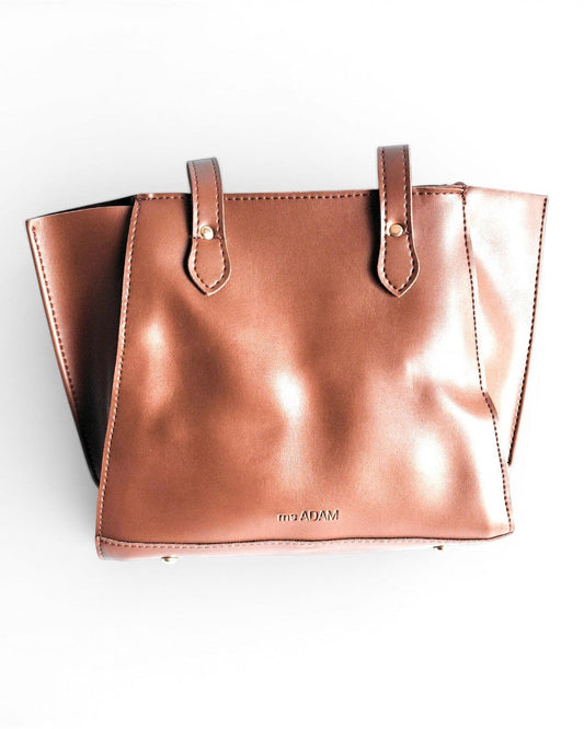 ms ADAM brown faux leather tote bag with shoulder straps, zip closure, and one main compartment.