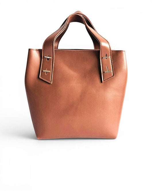 ms ADAM brown faux leather solo tote bag with shoulder and handheld straps, zip closure, and one main compartment.