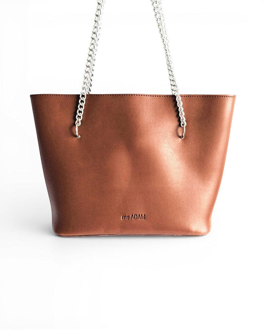 ms ADAM brown faux leather tote bag with silver chain straps and zip closure.