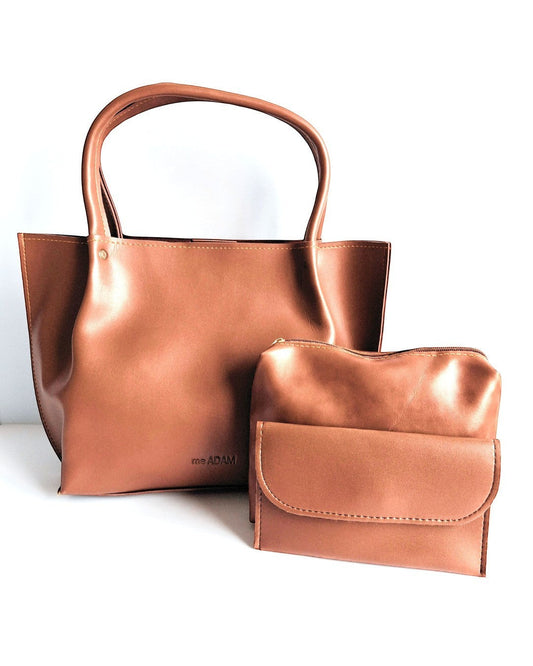 ms ADAM brown faux leather tote bag with shoulder straps and a matching pouch and wallet. Features a snap closure and one main compartment.