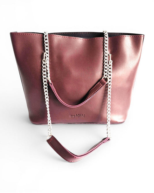 ms ADAM maroon faux leather tote bag with silver chain straps and zip closure.