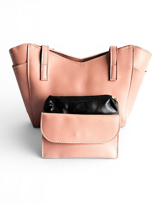 ms ADAM pink peach faux leather tote bag with zip closure, one main compartment, and fixed shoulder straps. Includes matching pouch and wallet.