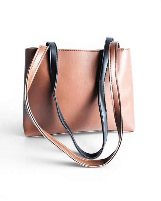 ms ADAM Repeat Tote Bag in black and brown faux leather with fixed shoulder straps and zip closure.
