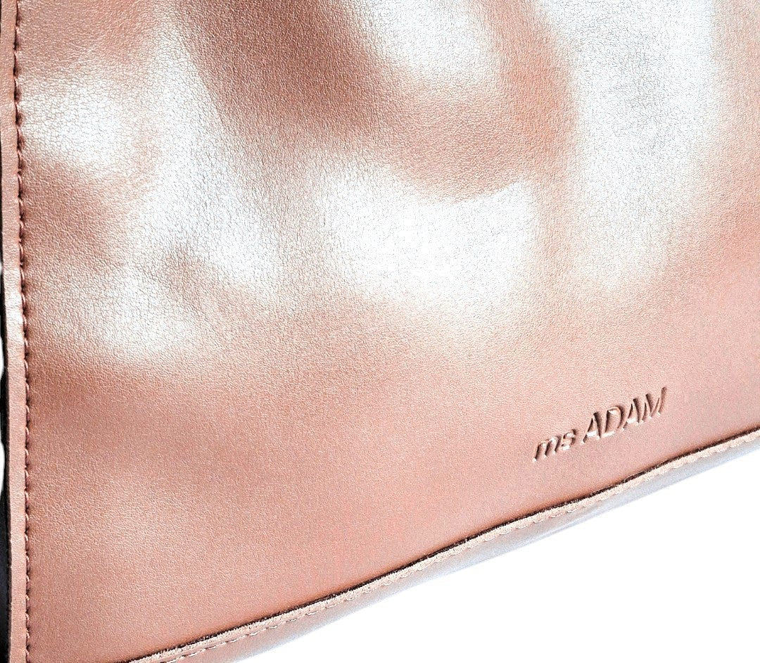 ms ADAM rose gold faux leather tote bag with shoulder straps, zip closure, and one main compartment.