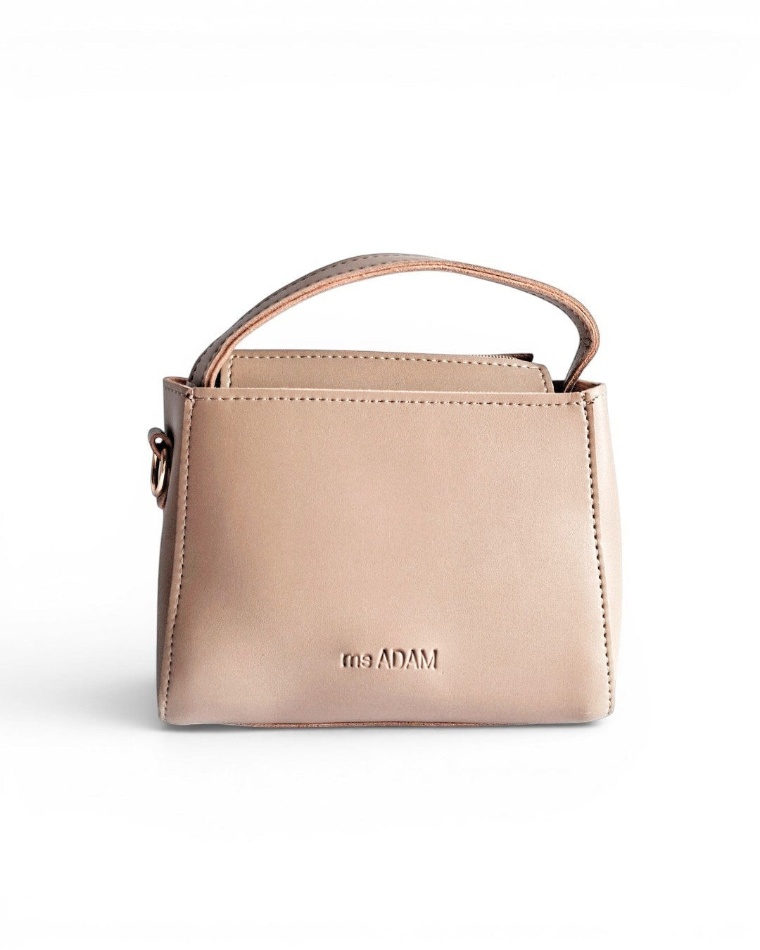 ms ADAM beige faux leather top handle bag with zip closure and detachable strap.