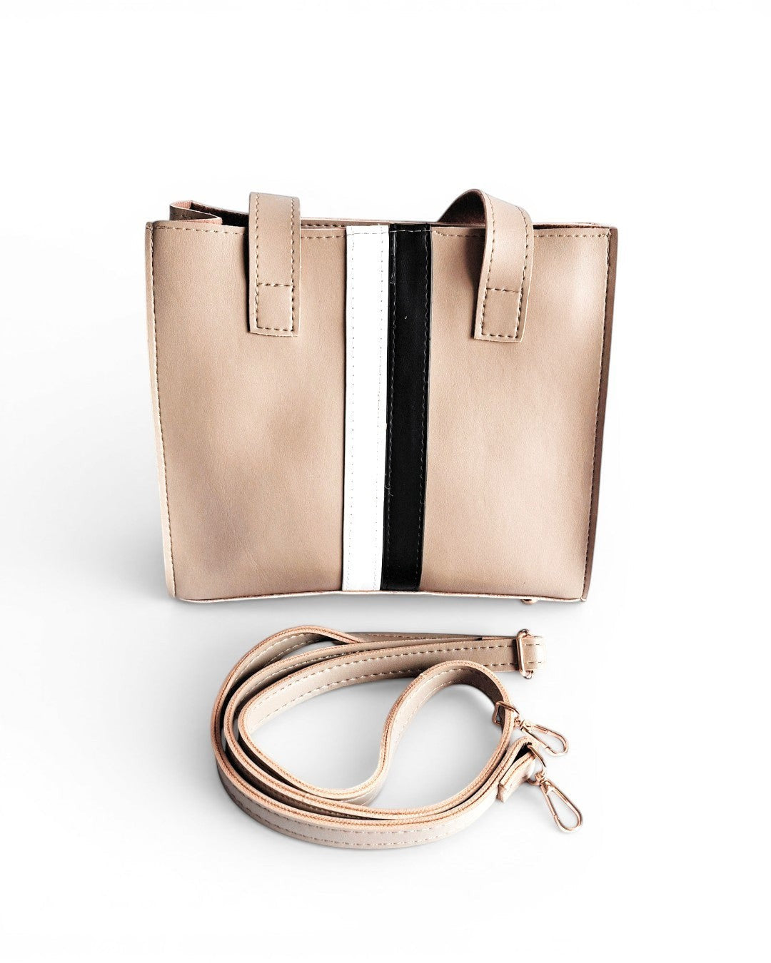 Ms Adam beige faux leather tote bag with black and white stripe detail, two compartments, zip closure, and detachable strap.