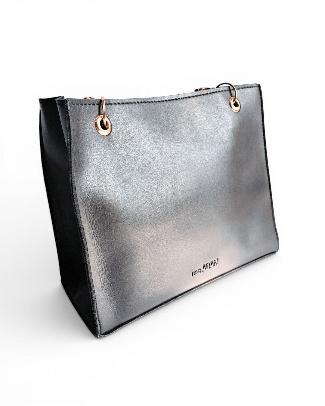 Ms. Adam Day Glow black faux leather tote bag with two compartments and zip closure. Rose gold hardware.