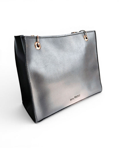 Ms. Adam Day Glow black faux leather tote bag with two compartments and zip closure. Rose gold hardware.