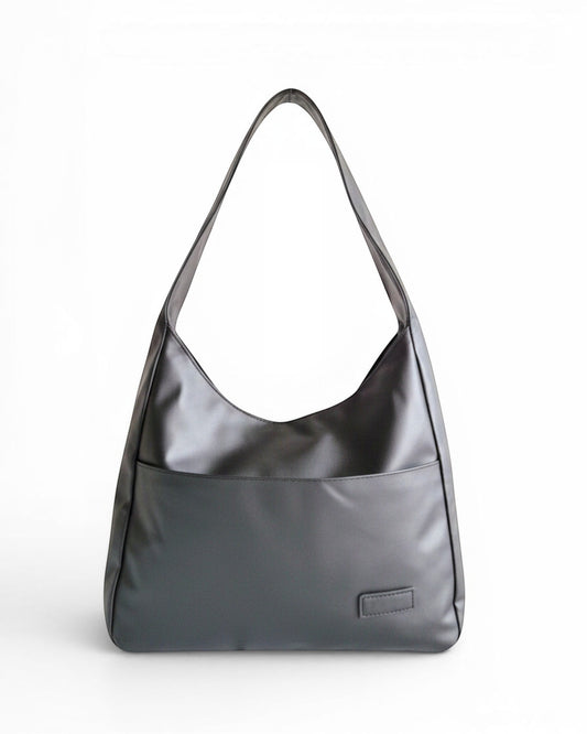 ms ADAM black PU leather unadorned shoulder bag with magnetic snap closure and one main compartment.