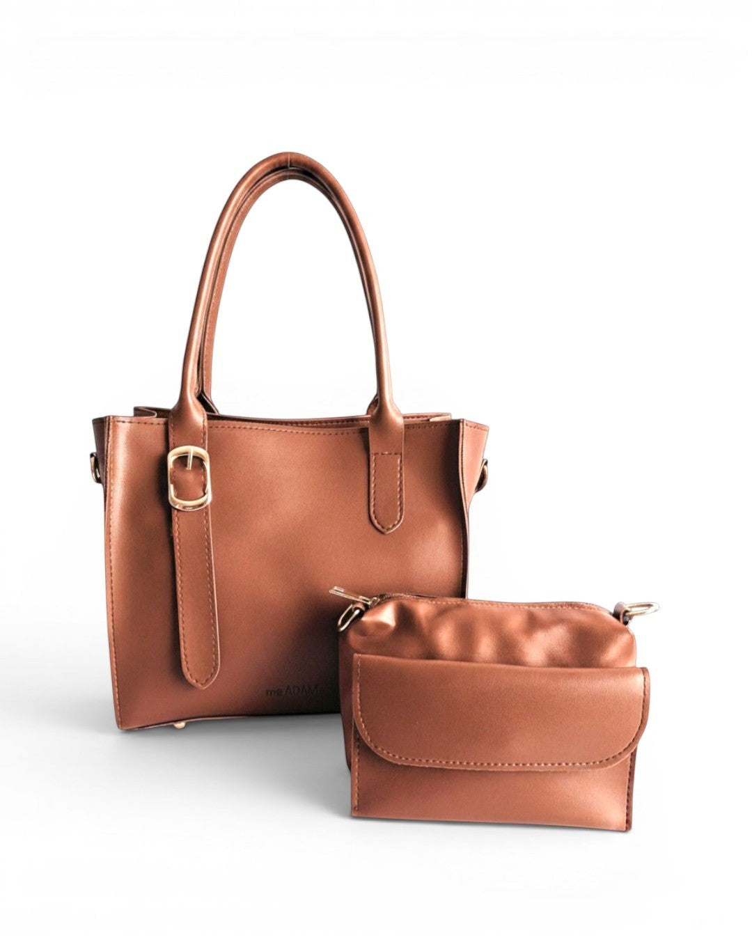 ms ADAM brown faux leather top handle bag with zip closure and detachable strap, includes pouch and wallet.