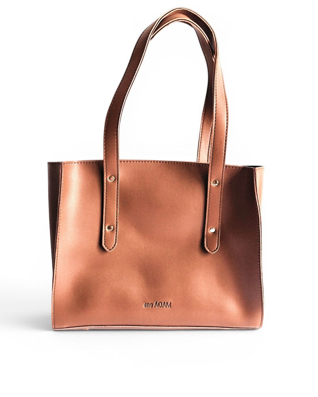 Ms. Adam brown faux leather tote bag with shoulder straps and zip closure. Features one main compartment.