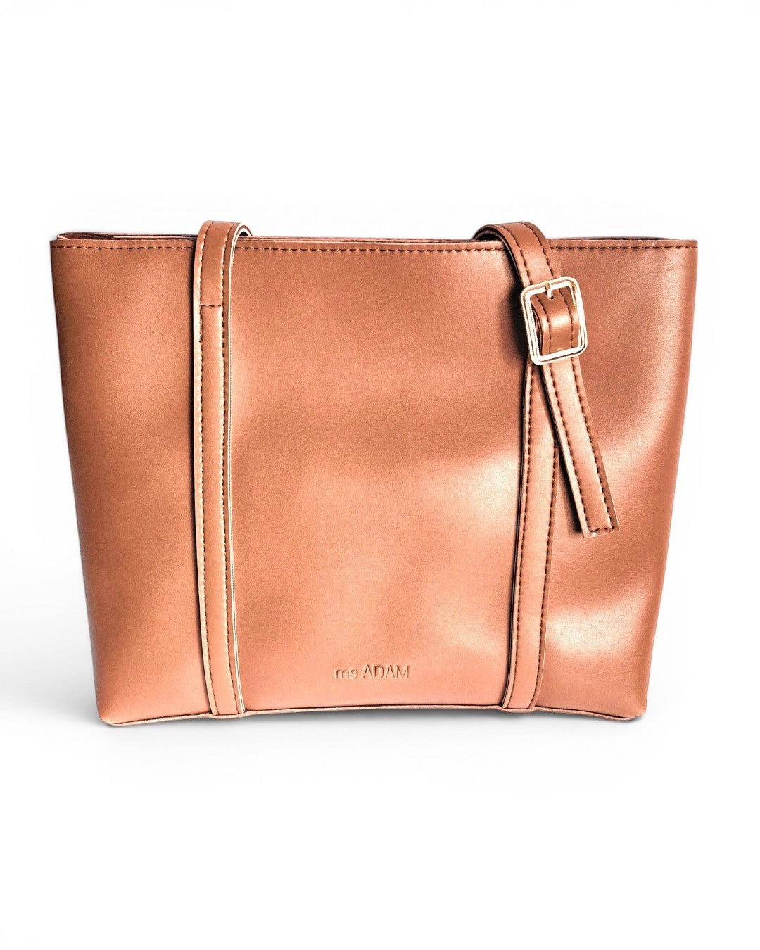 ms ADAM brown faux leather tote bag with shoulder straps and zip closure. Unadorned texture.