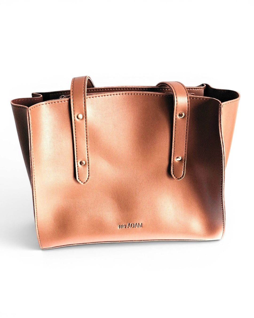 ms ADAM brown faux leather tote bag with fixed shoulder straps and zip closure. Includes pouch and wallet.