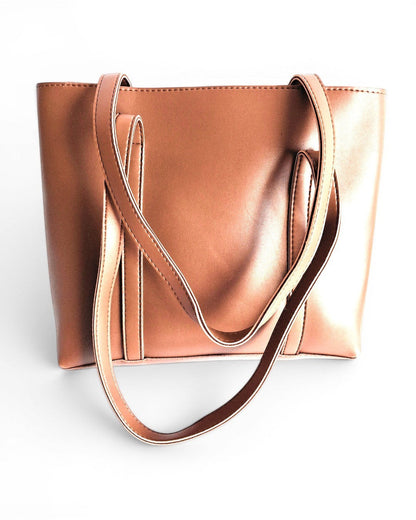 ms ADAM brown faux leather tote bag with shoulder straps and zip closure, perfect for everyday use.