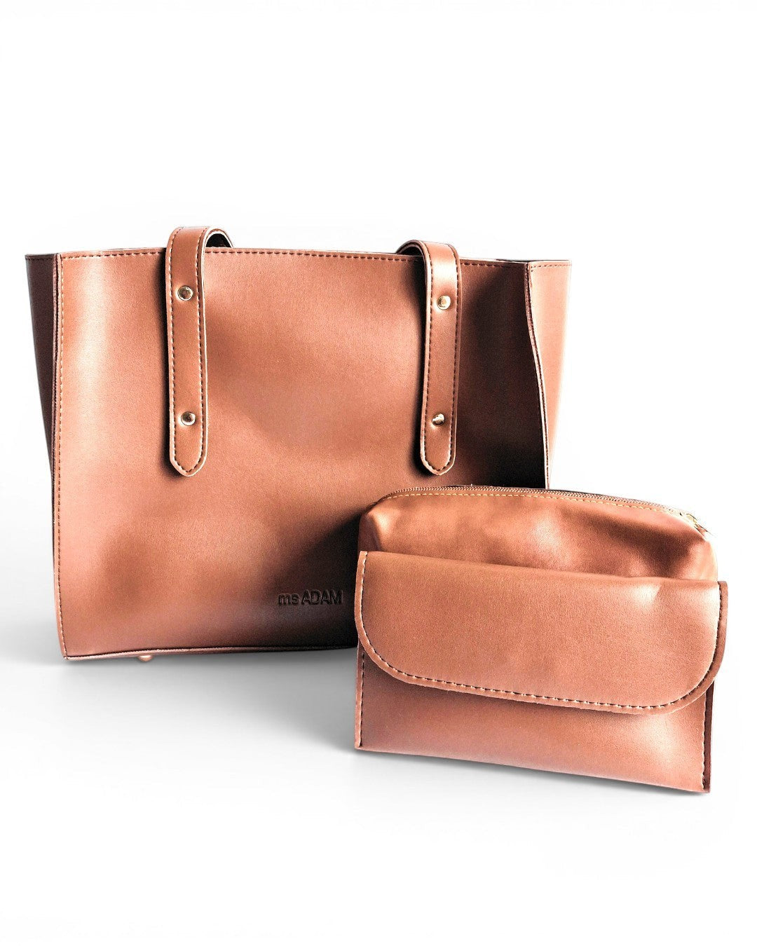 Ms. Adam brown faux leather tote bag with fixed shoulder straps and zip closure, includes matching pouch and wallet.