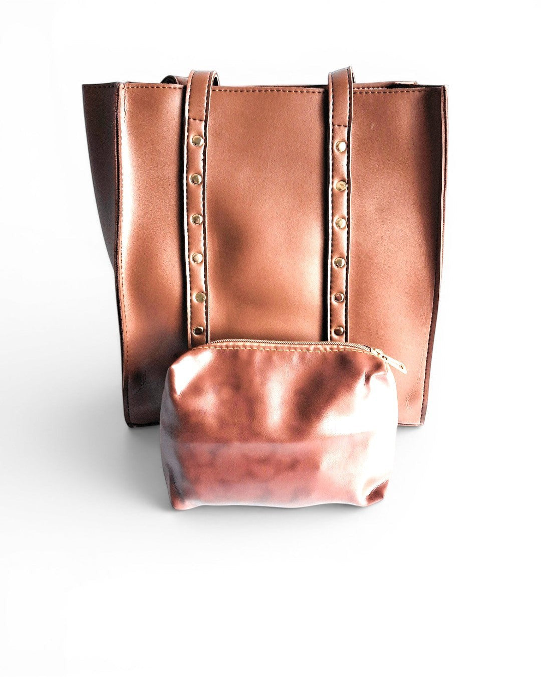 ms ADAM brown faux leather upright tote bag with gold stud details and a matching pouch. Features shoulder straps and zip closure.