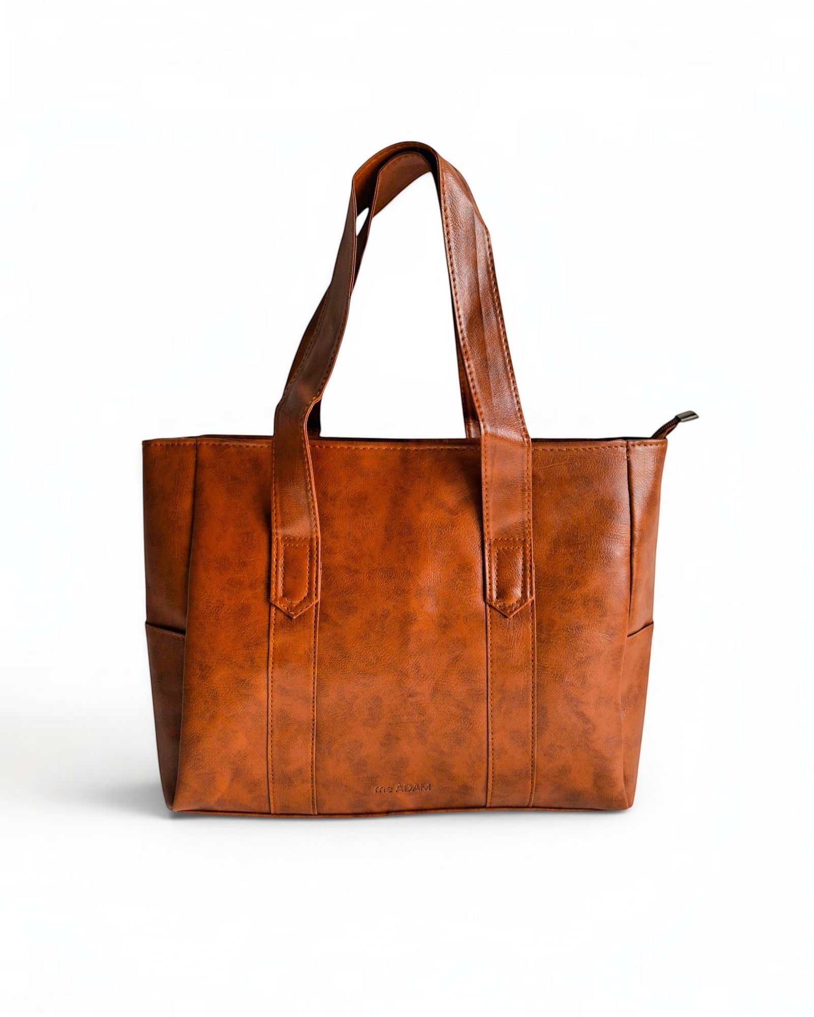ms ADAM brown PU leather tote bag with self-print texture, shoulder straps, and zip closure. Spacious interior for daily essentials.