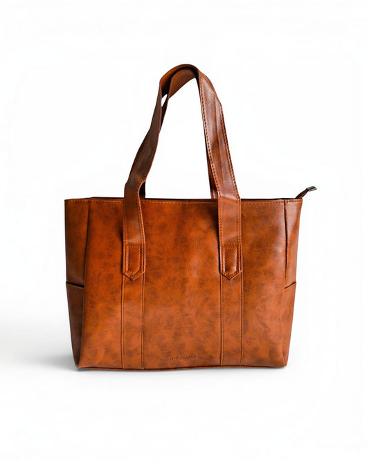 ms ADAM brown PU leather tote bag with self-print texture, shoulder straps, and zip closure. Spacious interior for daily essentials.