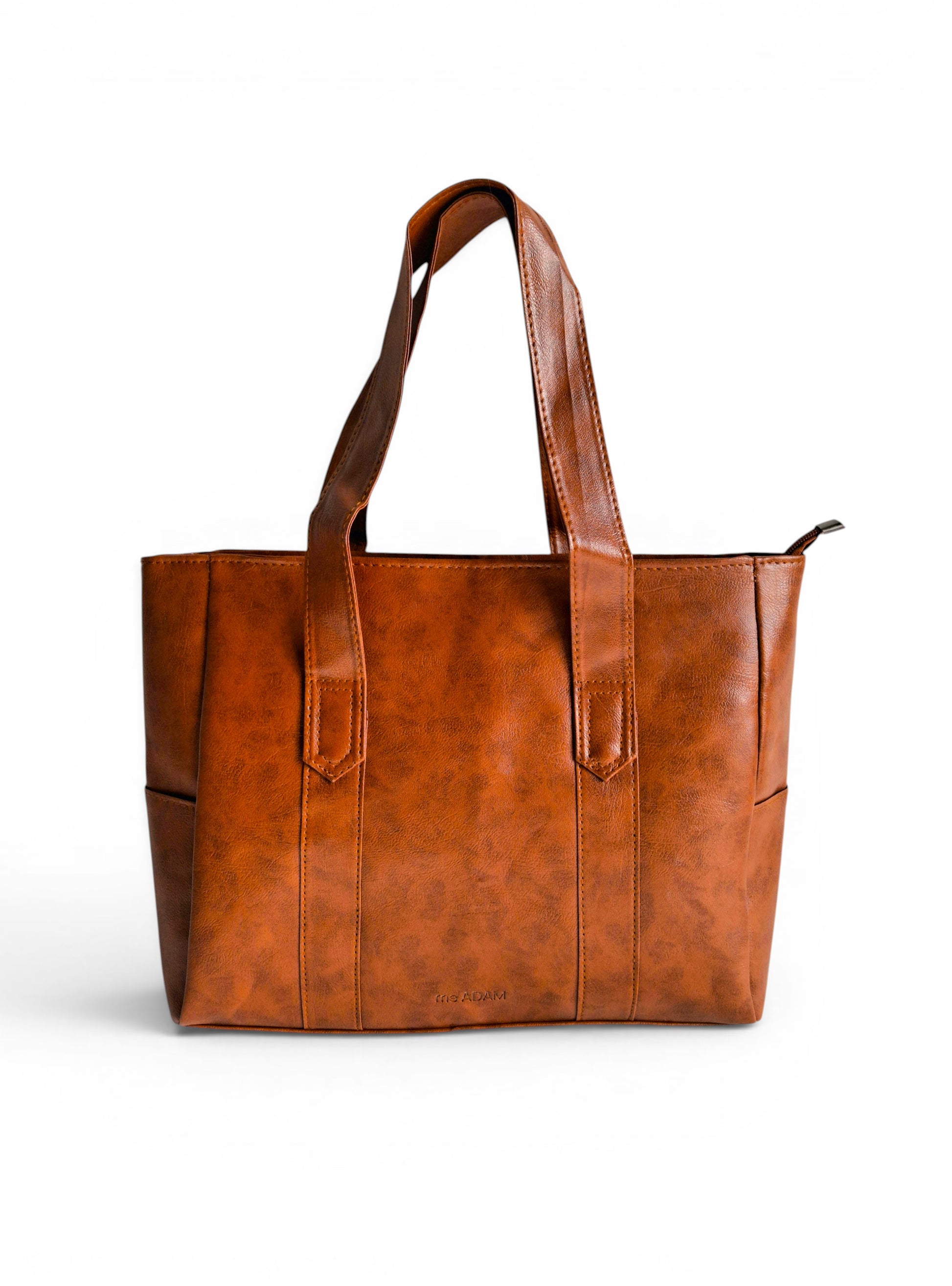 ms ADAM brown PU leather tote bag with self-print texture, shoulder straps, and zip closure. Spacious interior for daily essentials.