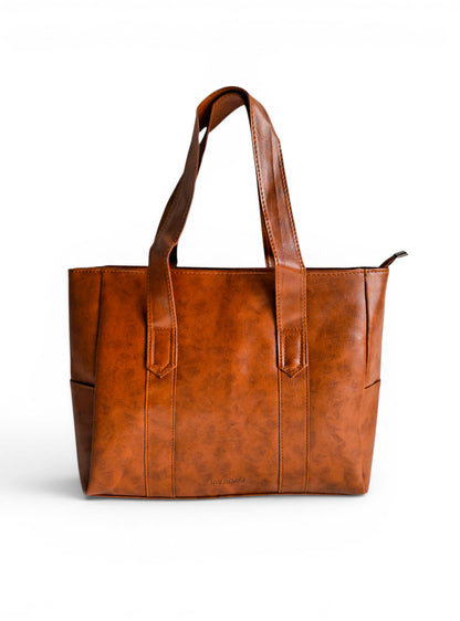 ms ADAM brown PU leather tote bag with self-print texture, shoulder straps, and zip closure. Spacious interior for daily essentials.