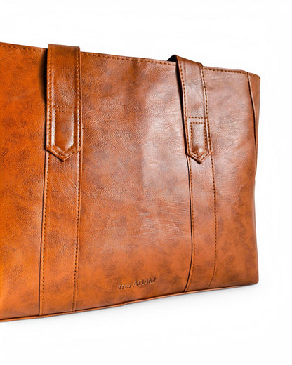 ms ADAM brown PU leather tote bag with self-print texture, shoulder straps, and zip closure.