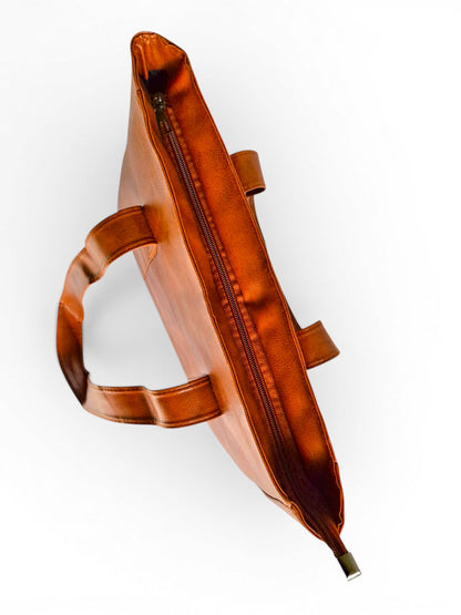 ms ADAM brown PU leather tote bag with zip closure and shoulder straps, spacious interior for daily essentials.