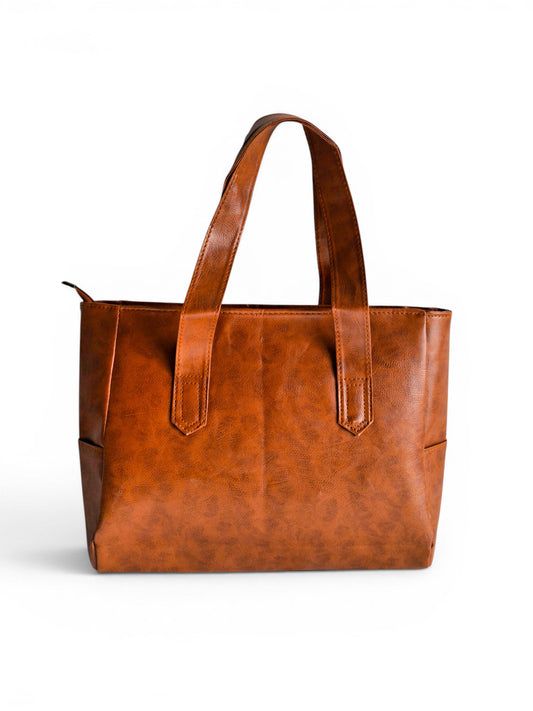 ms ADAM brown PU leather tote bag with shoulder straps and zip closure, featuring a self-print texture.