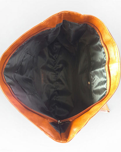 ms ADAM brown PU leather tote bag with zip closure and self-print texture, spacious interior with zip pocket.