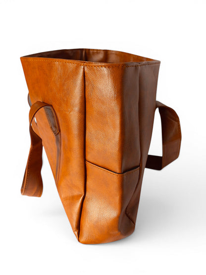 ms ADAM brown PU leather tote bag with shoulder straps and zip closure, ideal for daily use.