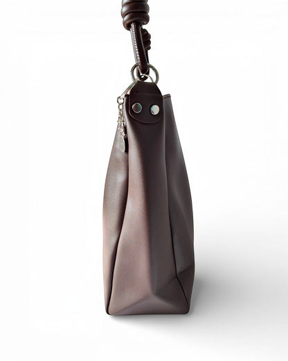 ms ADAM C Bean shoulder bag in coffee brown faux leather with magnetic snap closure and keychain charm.